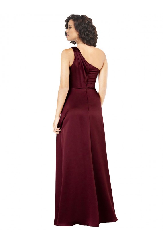 Cheapest Sleeveless Silky Satin A-Line Long One Shoulder Burgundy Evening Dress UK