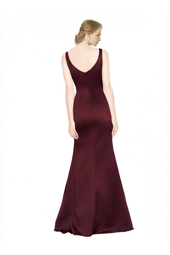 Cheapest Sleeveless Luxe Satin A-Line Long V-Neck Burgundy Evening Dress UK