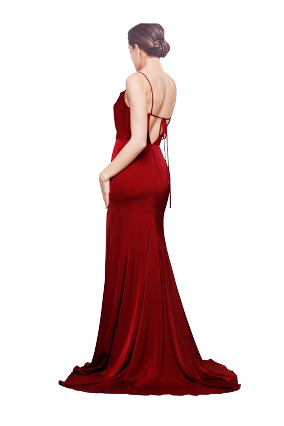 Cheapest Sleeveless Stretch Satin Sheath Sweep Train Open Back Cowl Neck Evening Dress UK