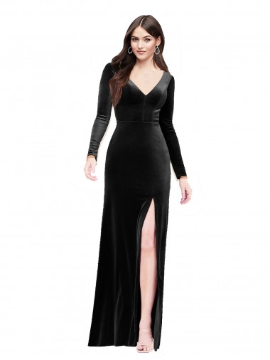 Cheapest Long Sleeves Stretch Velvet Column Long V-Neck Evening Dress UK