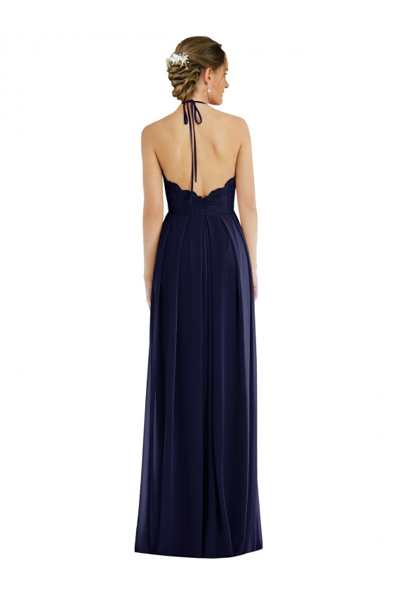 Cheapest Sleeveless Soft Chiffon A-Line Long Halter Neck Dark Navy Maxi Evening Dress UK