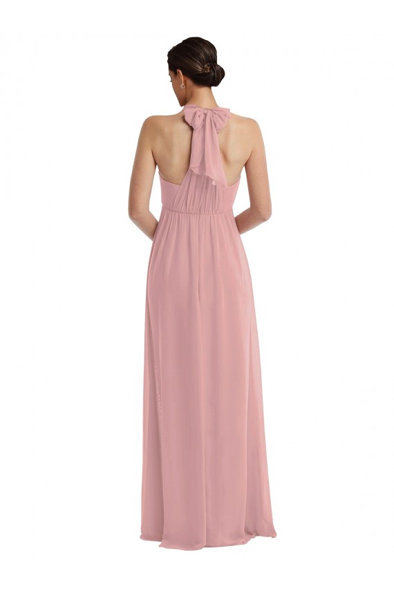 Cheapest Sleeveless Soft Chiffon A-Line Long Halter Neck Dusty Pink Maxi Evening Dress UK