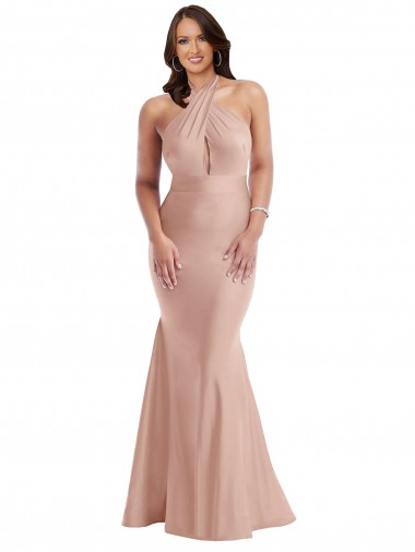 Cheapest Sleeveless Silky Satin Mermaid Long Open Back Halter Neck Plus Size Evening Dress UK