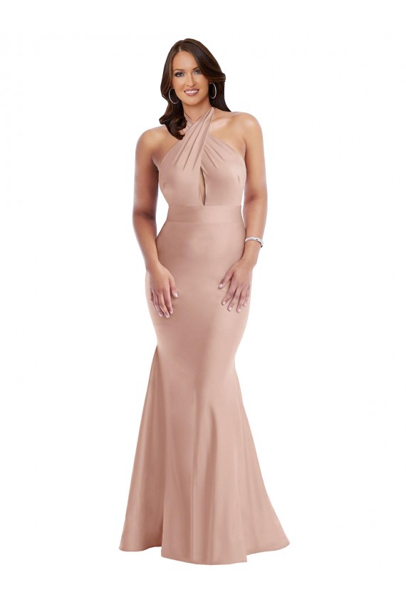 Cheapest Sleeveless Silky Satin Mermaid Long Open Back Halter Neck Plus Size Evening Dress UK