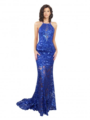 Cheapest Sleeveless Lace Mermaid Long High Neck Semi Formal Evening Dress UK