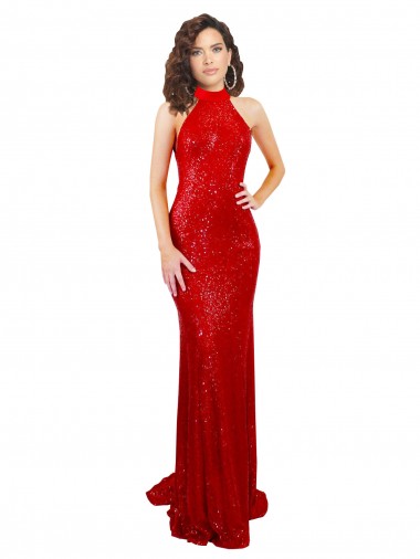 Cheapest Sleeveless Sequin Mermaid Long High Neck Evening Dress UK