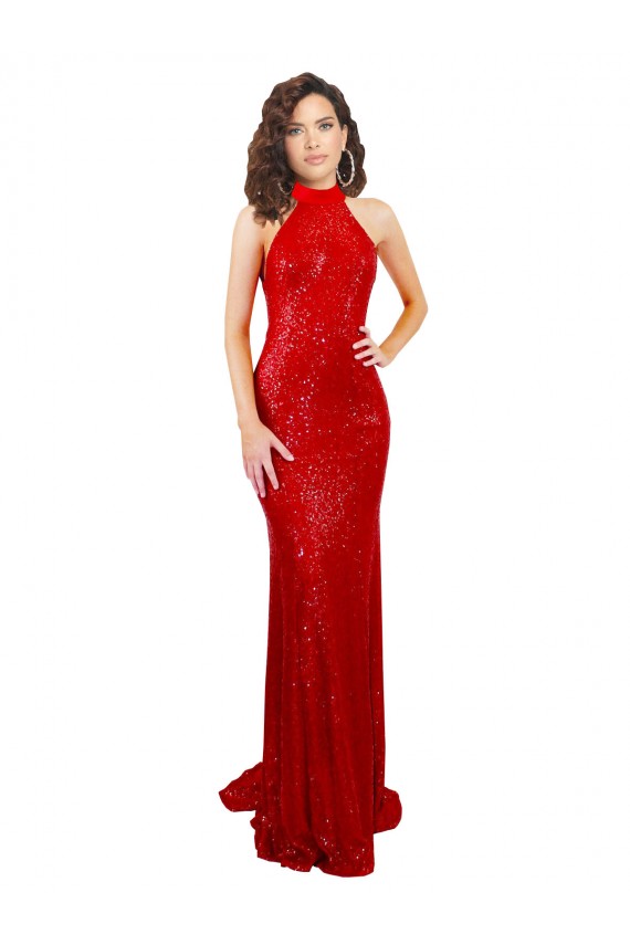 Cheapest Sleeveless Sequin Mermaid Long High Neck Evening Dress UK