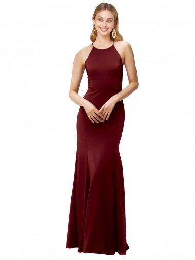 Cheapest Sleeveless Stretch Crepe Mermaid Long High Neck Open Back Evening Dress UK