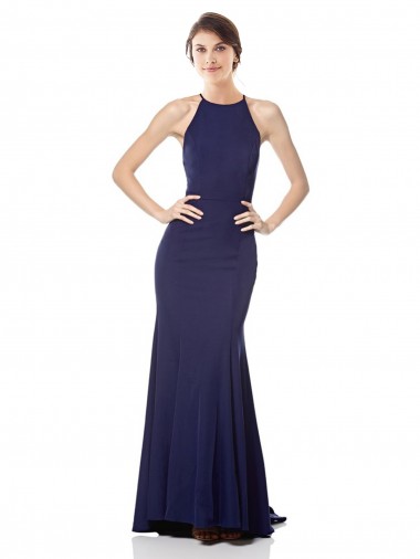 Cheapest Sleeveless Crepe Mermaid Long High Neck Navy Blue Evening Dress UK