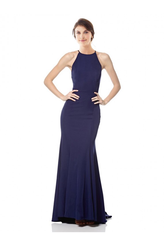 Cheapest Sleeveless Crepe Mermaid Long High Neck Navy Blue Evening Dress UK