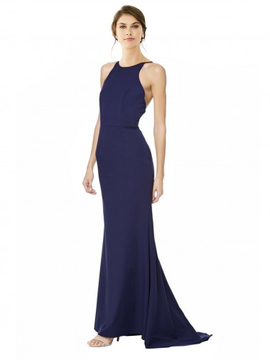 Cheapest Sleeveless Stretch Crepe Mermaid Long High Neck Navy Blue Evening Dress UK