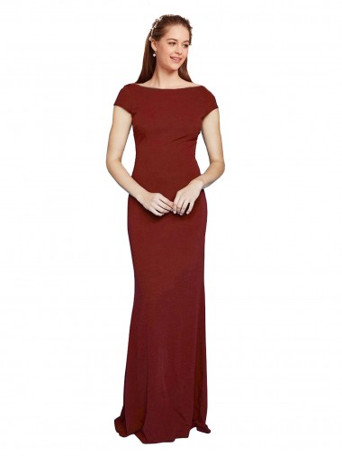 Cheapest Cap Sleeves Stretch Crepe Mermaid Long Round Neck Evening Dress UK