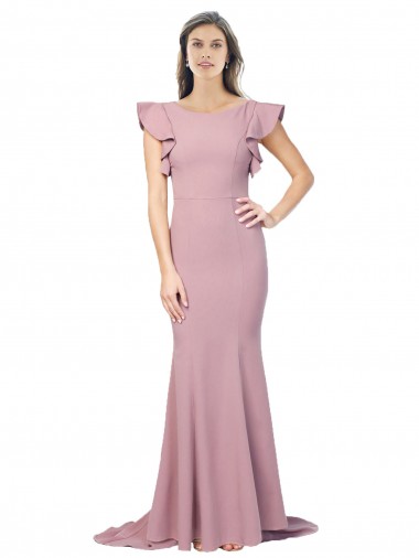 Cheapest Flutter Sleeves Stretch Crepe Mermaid Sweep Train Round Neck Evening Dress UK