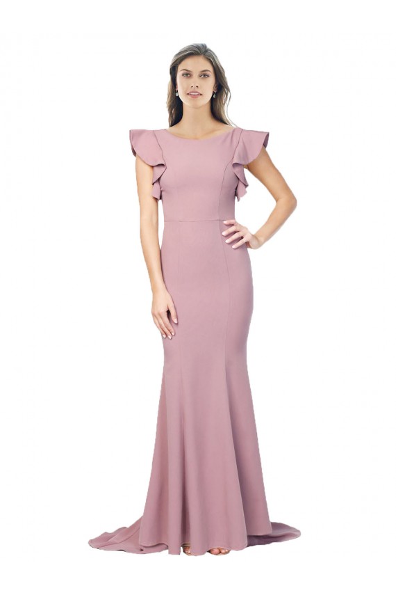 Cheapest Flutter Sleeves Stretch Crepe Mermaid Sweep Train Round Neck Evening Dress UK