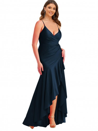 Cheapest Sleeveless Silky Satin Mermaid Long Spaghetti Straps Plus Size Evening Dress UK