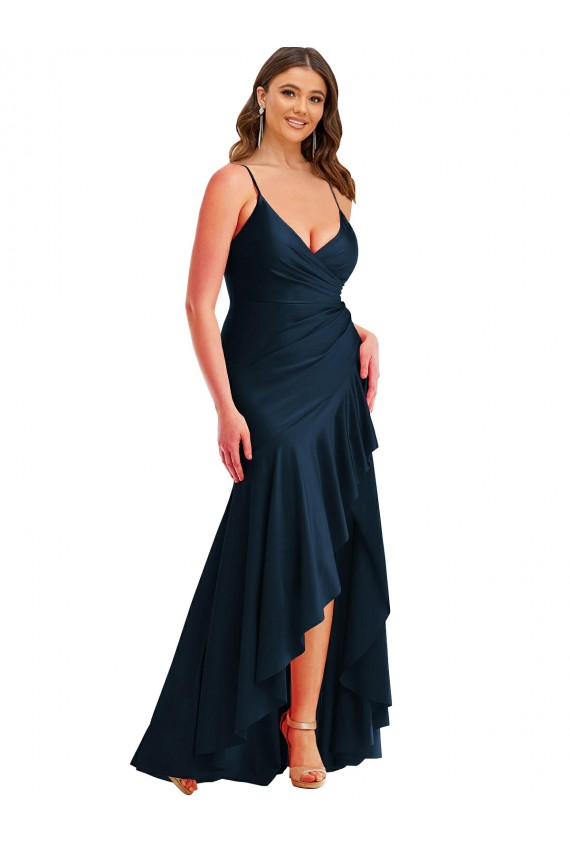 Cheapest Sleeveless Silky Satin Mermaid Long Spaghetti Straps Plus Size Evening Dress UK