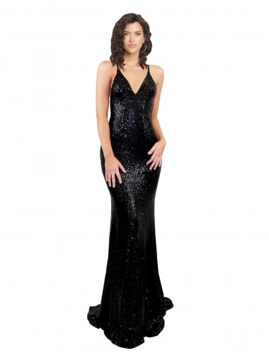 Cheapest Sleeveless Sequin Mermaid Long Open Back V-Neck Sexy Evening Dress UK