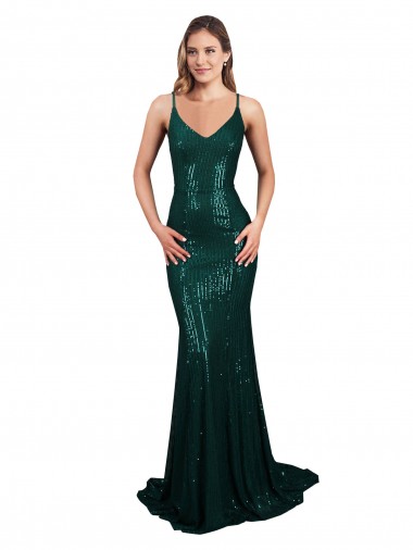 Cheapest Sleeveless Sequin Mermaid Long V-Neck Low Back Sexy Evening Dress UK