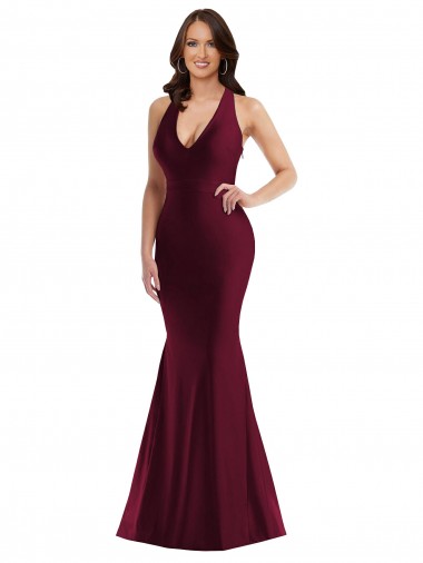 Cheapest Sleeveless Silky Satin Mermaid Long V-Neck Sexy Plus Size Evening Dress UK