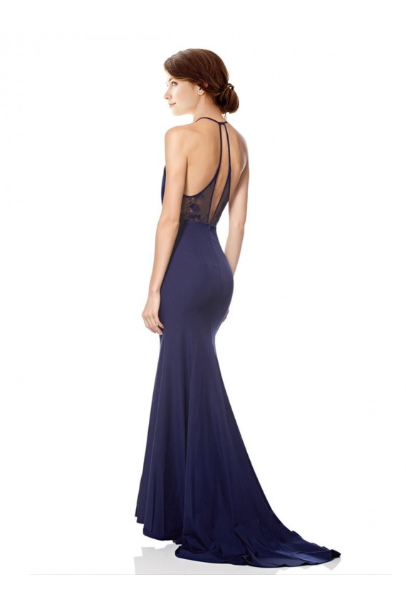 Cheapest Sleeveless Crepe Mermaid Long High Neck Navy Blue Evening Dress UK