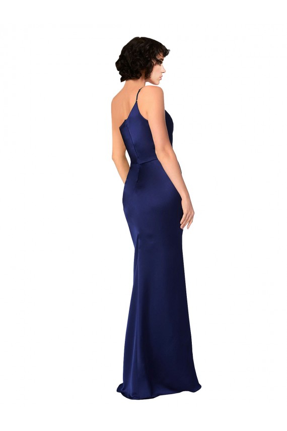 Cheapest Sleeveless Silky Satin A-Line Long One Shoulder Sapphire Evening Dress UK