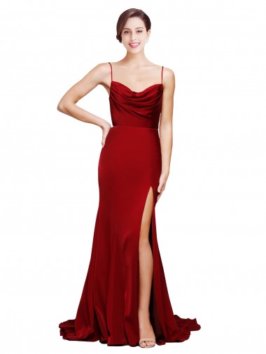 Cheapest Sleeveless Stretch Satin Sheath Sweep Train Open Back Cowl Neck Evening Dress UK