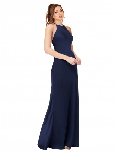 Cheapest Sleeveless Silky Satin Sheath Long High Neck Sapphire Evening Dress UK