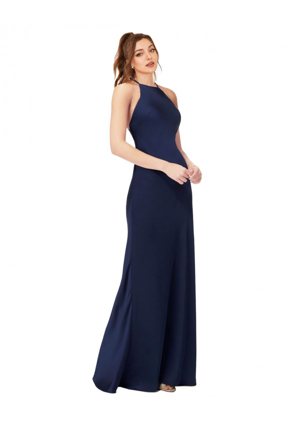 Cheapest Sleeveless Silky Satin Sheath Long High Neck Sapphire Evening Dress UK