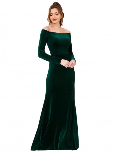 Cheapest Long Sleeves Stretch Velvet Sheath Long Off the Shoulder Evening Dress UK