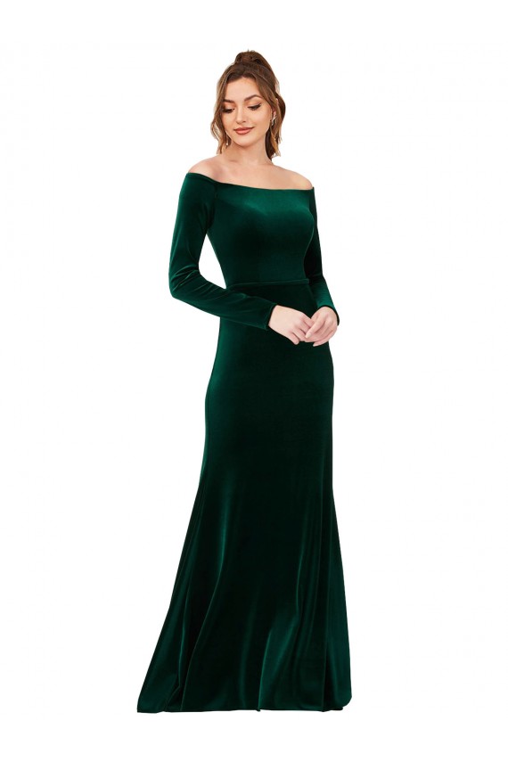 Cheapest Long Sleeves Stretch Velvet Sheath Long Off the Shoulder Evening Dress UK