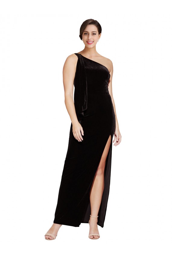 Cheapest Sleeveless Stretch Velvet Sheath Long One Shoulder Evening Dress UK