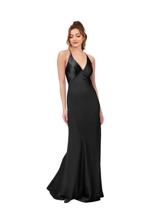 Cheapest Sleeveless Silky Satin Sheath Long Open Back V-Neck Evening Dress UK