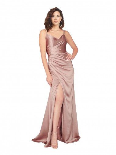 Cheapest Sleeveless Silky Satin Sheath Long V-Neck Evening Dress UK