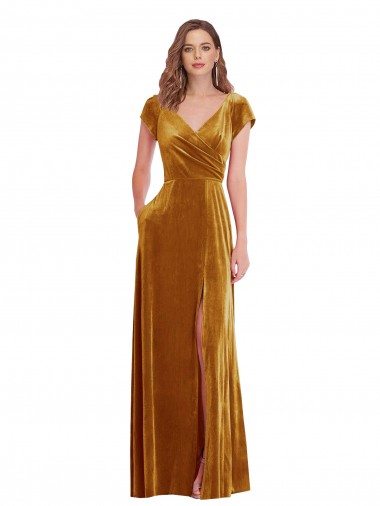 Cheapest Cap Sleeves Stretch Velvet Sheath Long V-Neck Maxi Evening Dress UK