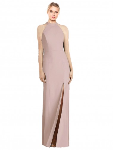 Cheapest Sleeveless Stretch Crepe Trumpet Long Halter Neck Dusty Pink Semi Formal Evening Dress UK